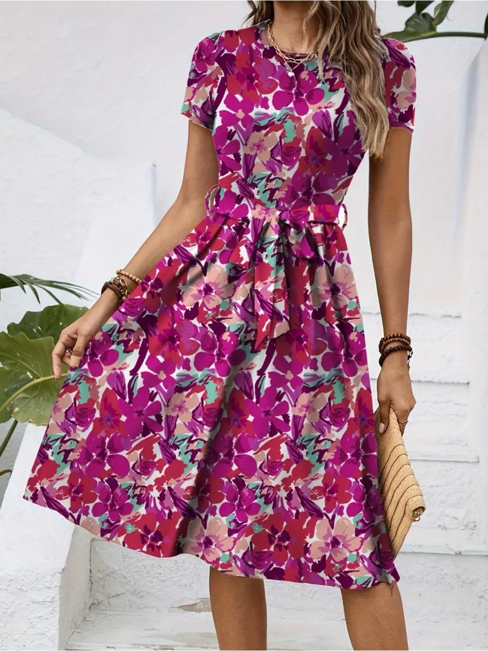 SHEIN Fuchsia Floral Tie-Waist Midi Dress